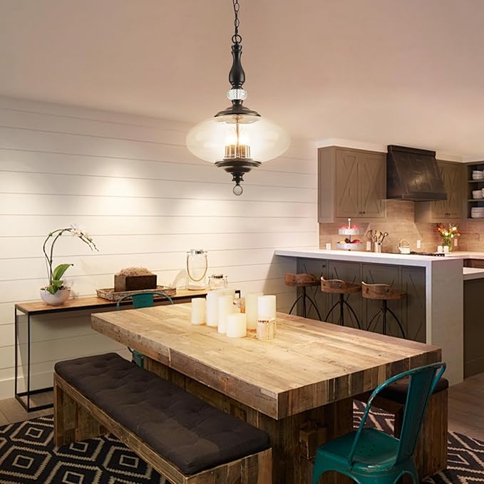 Farmhouse Black Pendant Light 5-Light Clear Glass Chandelier with Adjustable Chain W 15.74 in Kitchen Island for Dining Room