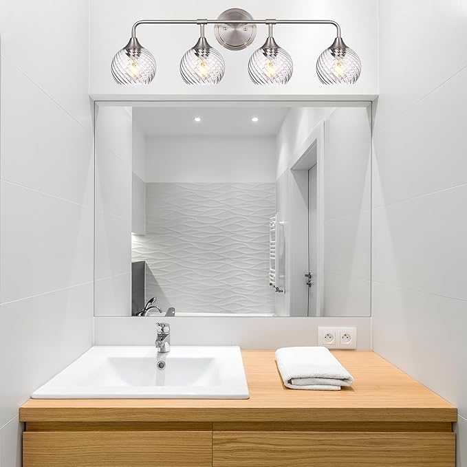 MELUCEE Bathroom Vanity Light Brushed Nickel 4 Lights with Clear Striped Swirl Glass Shade, 33" Vanity Lighting Fixtures Over Mirror Modern Bathroom Wall Lights for Powder Room Kitchen Foyer