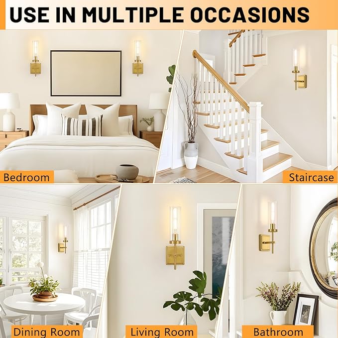 Gold Wall Sconces Lighting Set of 2, Hardwired Bathroom Vanity Light Fixture with Clear Glass Shade, Farmhouse Wall Mounted Lights for Mirror Bedroom Living Room Kitchen (Bulbs Not Included)