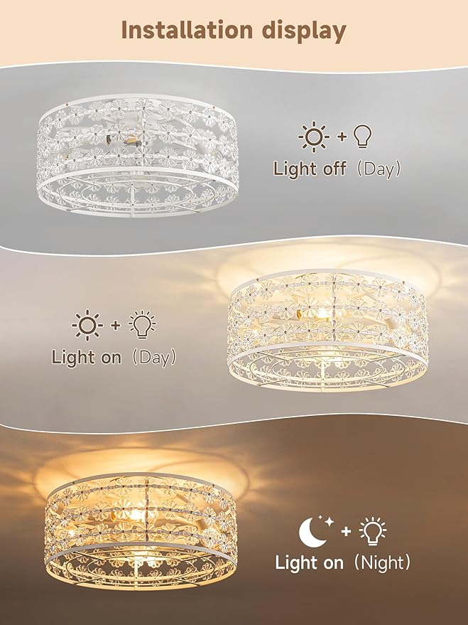 White Caged Ceiling Fan with Light and Remote, Modern Romantic Flower Crystal Ceiling Fans with Lights, Flush Mount Low Profile Fandelier, 6-Speed Reversible for Bedroom,Dining Room,Girls Room,Nursery
