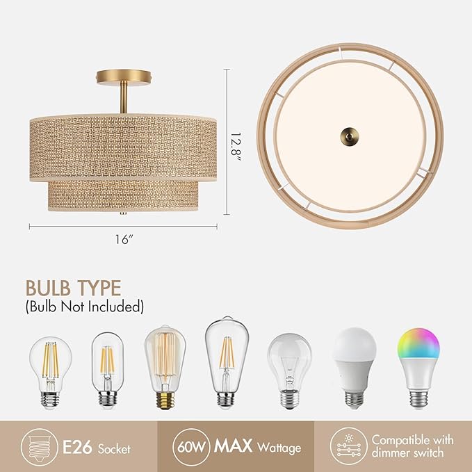 16 Inch Woven Rattan Linen Semi Flush Mount Ceiling Light Fixture, Modern Boho Drum Lamp for Bedroom, Kitchen, Dining Room, Living Room, Hallway, Entryway, Farmhouse Gold Wicker Chandelier