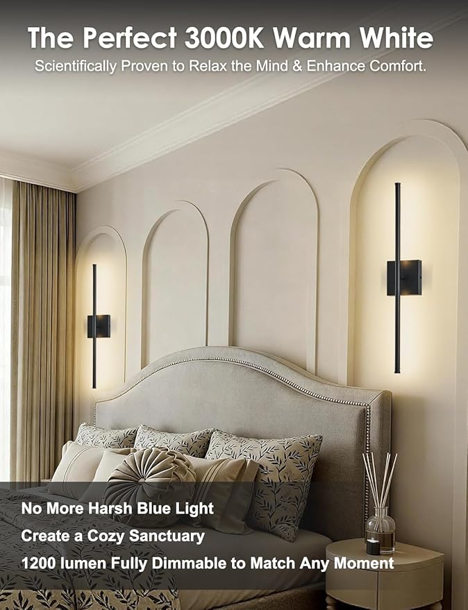 KARTOOSH 24.4 Inch Hardwired Wall Sconces Set of Two, 3000K Warm White Dimmable Modern Wall Sconces, 350° Rotate LED Light Fixtures Wall Lamp for Bathroom Living Room Bedroom Bedside, Black