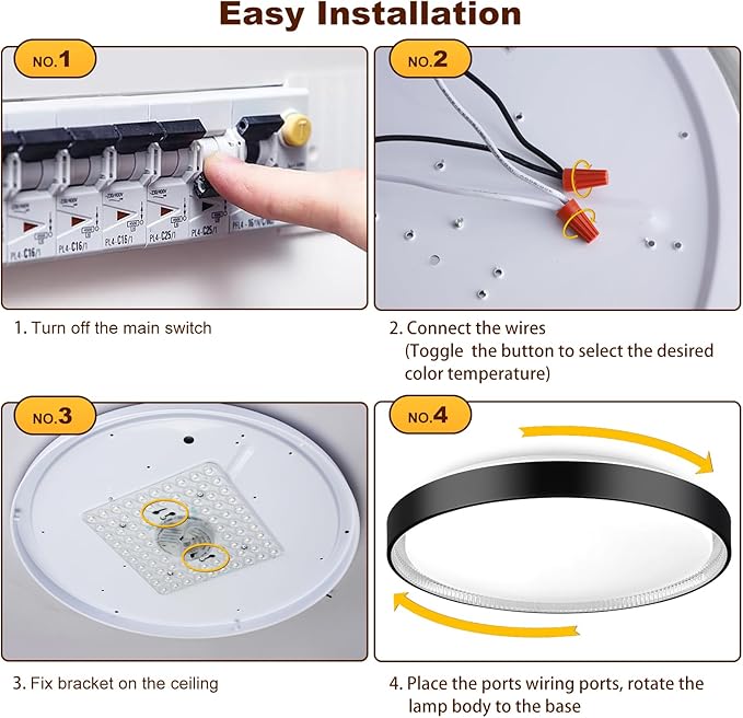 DLLT Flush Mount Ceiling Light: Close to Ceiling Light Fixtures 16 Inch 35W - Dimmable Ceiling Lamp 3000-6000K 5 Color Selectable Ceiling Mount Light for Bedroom Kitchen (Black)