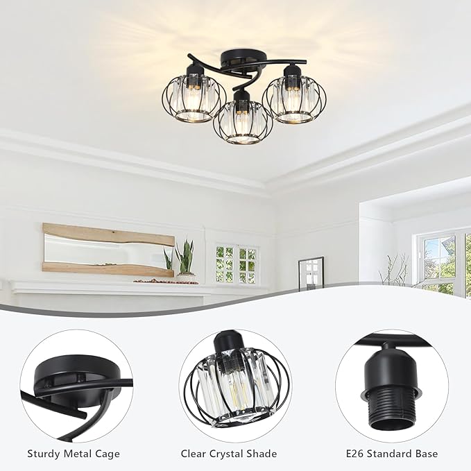 3-Light Crystal Semi Flush Mount Ceiling Light,Black Modern Close to Ceiling Light Fixtures,Kitchen Light Fixtures with Clear Crystal Shade,Hallway Light Fixtures for Hallway Bedroom Bathroom