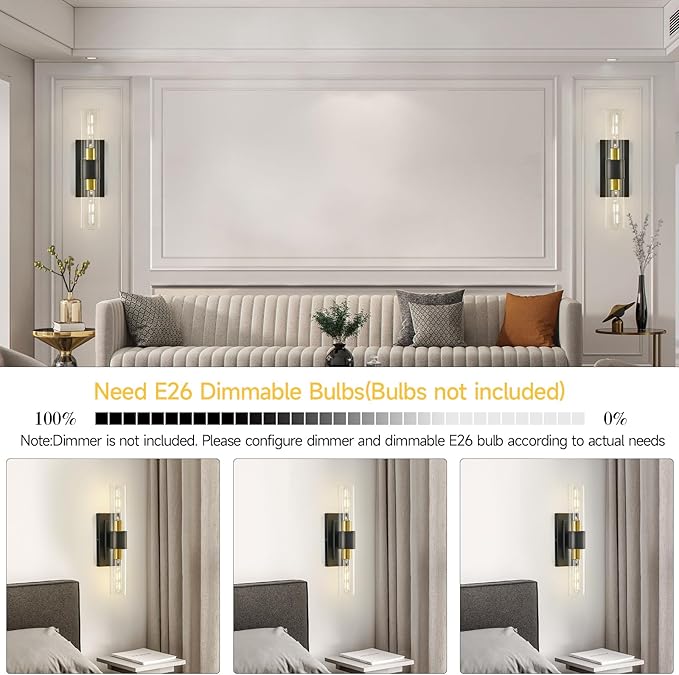 19" Black and Gold Wall Sconces Set of Two,Modern Bathroom Light Fixtures,2-Light Vanity Lights for Mirror,Indoor Wall Lamp Wall Mount Hardwired Light for Bedroom with Clear Glass E26 Base