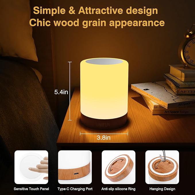 UNIFUN Touch Control Night Light - Rechargeable Bedside Table Lamp with Dimmable Warm White (2800K-3100K) & RGB Color Changing, Portable Cordless LED Lamp for Bedroom, Nursery, Living Room