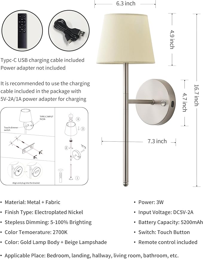 Wall Sconces Battery Operated Set of Two, Small Rechargeable Wall Lights with Remote, 5200mAh Fabric Shade Cordless Wall Lamp for Bedroom, Hallway, Living Room, Dining Room, Picture (Silver)