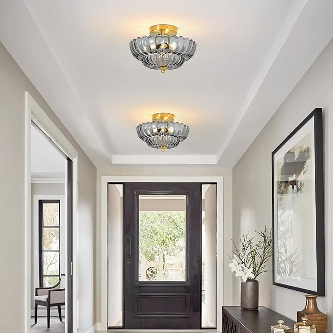 11.8 inch Kitchen Ceiling Light, 3-Light Semi Flush Mount Ceiling Lamp with Flower Glass, Modern Close to Ceiling Light Fixtures for Bathroom Bedroom Hallway Entryway, Smoky Grey