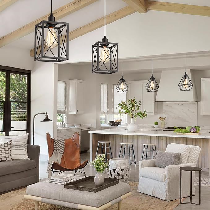 Black Pendant Lighting Modern Pendant Light, Adjustable Pendant Light Fixture,Pendant Lights Kitchen IslandLight (1 Pack Square Pendant Light)