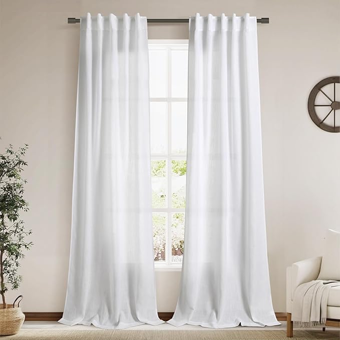 Linen White Curtains 96 Inches Long 2 Panels Set Back Tab Rod Pocket Semi Sheer Light Filtering Window Curtain Drapes Neutral Modern Aesthetic Long Curtains for Living Room Bedroom Decor 40x96
