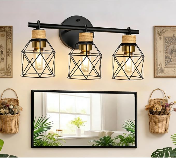 Farmhouse Bathroom Vanity Light Fixtures,3-Light Bathroom Light Fixtures,Sconces Wall Lighting Over Mirror, Black Vanity Lights with Metal Lampshade,Vintage Wall Light for Bedroom Hallway