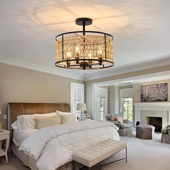 4 Light Rattan Ceiling Light Fixture 15inch Boho Semi Flush Mount Ceiling Light Black Hand-Woven Cage Wicker Chandelier for Dinning Room Living Room Bedroom Farmhouse Hallway Kitchen
