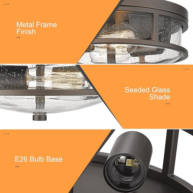 Flush Mount Ceiling Light Fixture, 12 inch 2-Light Modern Farmhouse Ceiling Light with Seeded Glass for Bedroom, Entryway, Kitchen Hallway, ROS88 ORB