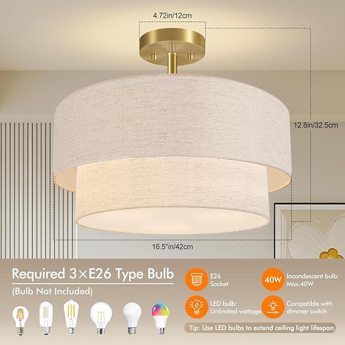 16.5'' Semi Flush Mount Ceiling Light, 3-Light Gold Ceiling Light Fixtures, Farmhouse Close to Ceiling Light with Linen Shade, Modern Drum Ceiling Light for Living Room/Hallway/Bedroom/Dining Room
