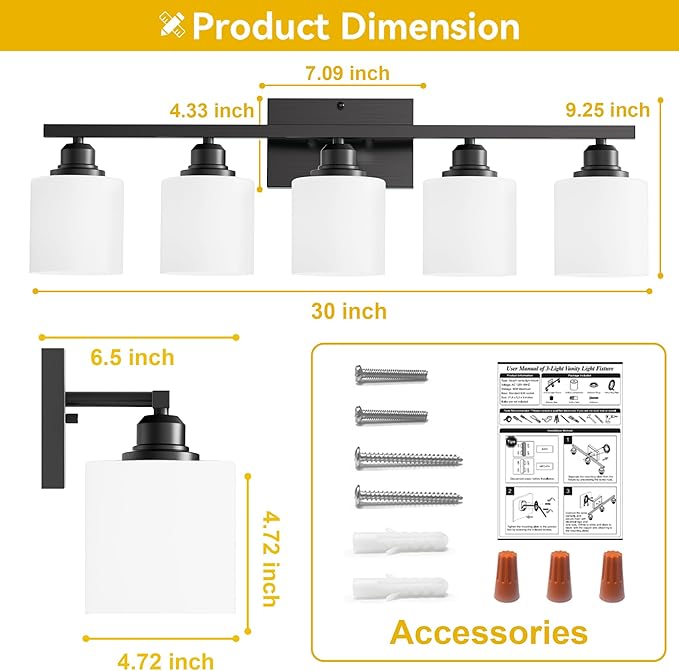 Sailstar 5-Light Bathroom Light Fixtures Over Mirror, Matte Black Vanity Lights, Modern Bathroom Vanity Light, Glass Shade & Anti-Rust Nickel Finished, Bathroom Light for Small Space