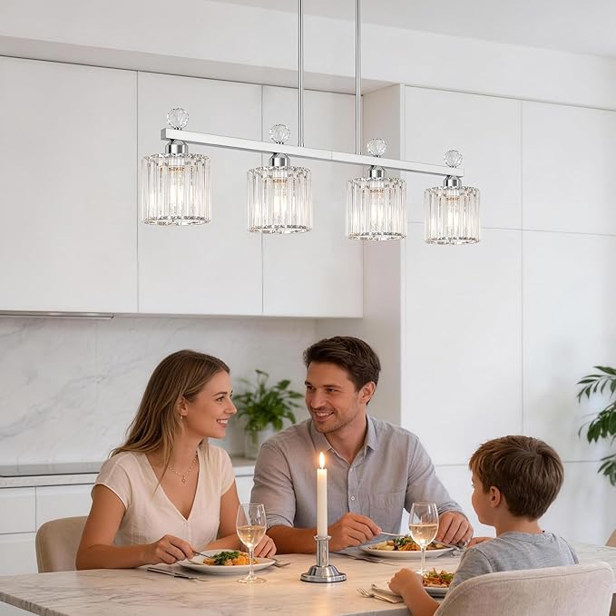 Lxybcce 32" Crystal Island Light for Kitchen Over Table, 4-Light Chrome Linear Pendant Light for Dining Room, Modern Ceiling Hanging Chandelier with Adjustable Height & Clear Crystal Shades, E26 Base