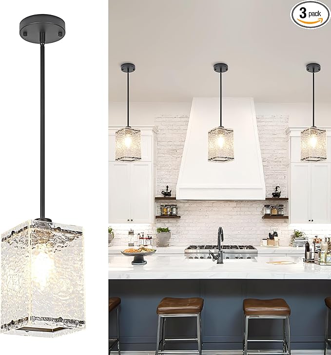Water Ripple Glass Pendant Lights Black Pendant Lights Kitchen Island Adjustable Modern Hanging Pendant Light Fixtures for Sink Kitchen Dining Room Foyer Entryway, 3 Pack