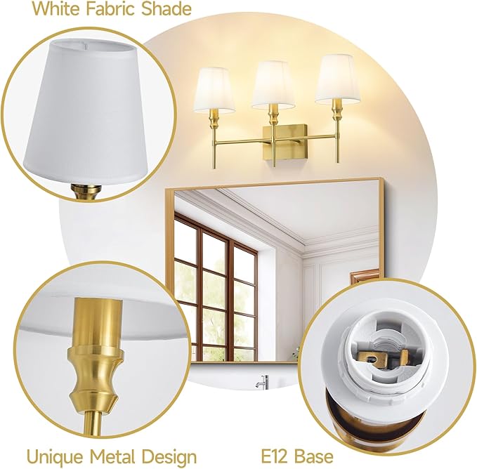 Bathroom Light Fixtures,23.6 IN Bathroom Vanity Lights Over Mirror，3-Light Antique Brass Vintage Wall Sconce With Flared White Fabric Lampshade For Bedroom,Living Room,Foyer,Hardwired,E12 Base