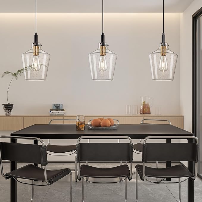 Modern Seeded Glass Pendant Lighting for Kitchen Island 1 Pack, Farmhouse Black and Gold Pendant Light Fixtures, Height Adjustable Ceiling Pendant Light, Angled Seeded Glass Shades 8 Inch
