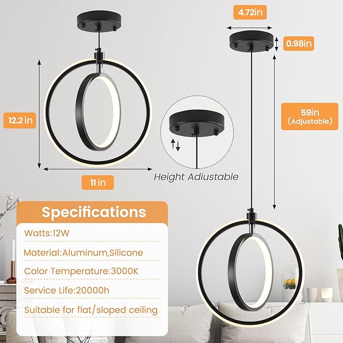 Modern LED Pendant Lights, 2 Pack Ring Pendant Light Fixtures for Kitchen Island, 3000K Warm White Pendant Lighting for Dining Room, Living Room, Bedroom, Bathroom