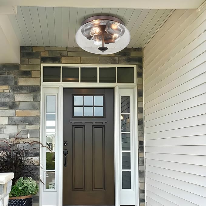 Darkaway Large Ceiling Light Fixtures 3-Ight Flush Mount Indoor Outdoor Ceiling Light with Seeded Glass Shade for Hallway Kitchen Bedroom Porch Living Room Dining Room Bronze Finish