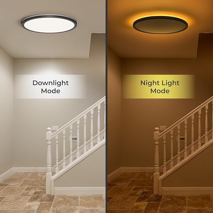 Matane 2Pack 12in LED Flush Mount Ceiling Light Fixture with Remote Control, Nightlight 2000K Warm, 3000K-6500K Adjustable, Low Profile Ceiling Lights for Bedroom, Kitchen, Living Room, Black