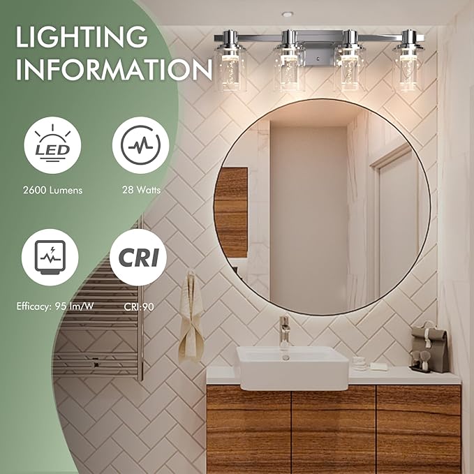 Quntis 4-Light Chrome Bathroom Vanity Light with 5 Color Modes, Dimmable Modern Bathroom Lighting Fixture Over Mirror, 28 Watts Eye Protection LED Wall Lamp 27 Inch (UL Certified, Bulbs Included)