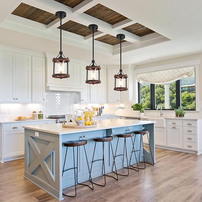 SGLfarmty Farmhouse Pendant Light for Kitchen Island, Rustic Black and Wood Light Fixtures with Glass Shade, Blown Pendant Lamps Over Table, Farmhouse Hanging Light for Dining Room, Sink, Bar, 1 Pack