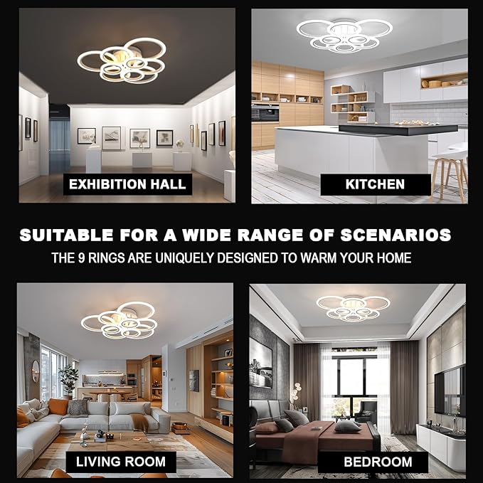 Modern LED Ceiling Light, 9 Ring Flush Mount Ceiling Light Fixture, Lampara de Techo con Control Remoto y App, 2800K-7000K Dimmable, 120W Chandeliers for Dining Room, Living Room, Bedroom