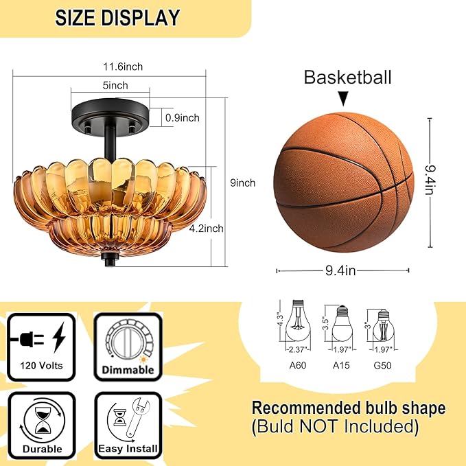 Semi Flush Mount Ceiling Light Fixture, Amber Glass 3-Light Modern Vintage Ceiling Lights, Scalloped Close to Ceiling Light, Black Base Flush Mount Ceiling Light for Hallway Bedroom Entryway Kitchen