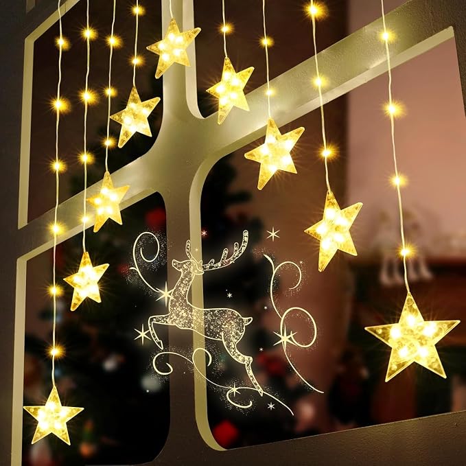 Christmas Window Lights, 76LED 9 Stars IP65 Battery Operated Star Curtain Lights 11 Modes with Timer, Xmas Decoration for Bedroom Wall Indoor Home Deco, Warm White & Multicolor