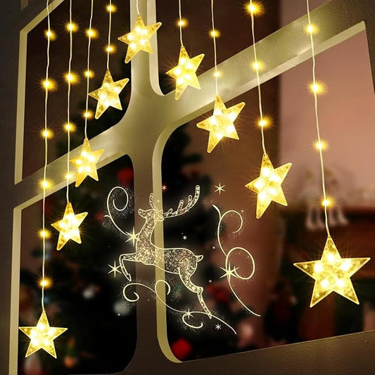 Christmas Window Lights, 76LED 9 Stars IP65 Battery Operated Star Curtain Lights 11 Modes with Timer, Xmas Decoration for Bedroom Wall Indoor Home Deco, Warm White & Multicolor