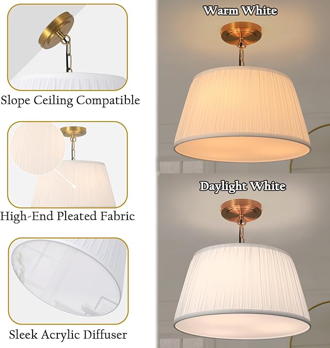 Electro bp; 15”Dia White Pleated Fabric Drum Shade Ceiling Light Fixture Farmhouse Brocade Linen Cone Shape Close to Semi-Flush Mount,Polished Gold,3 Sockets,E26,180W,Large;