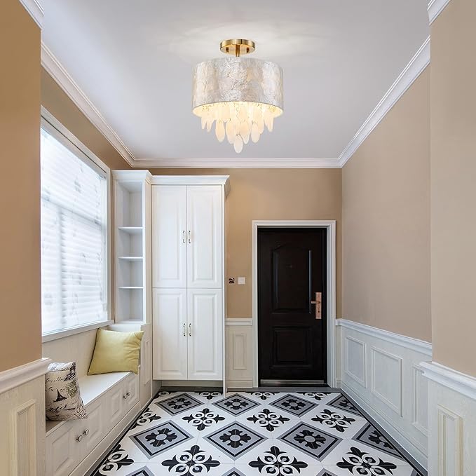 D7 inch Capiz Shell Crystal Drum Ceiling Light, 3-Light Coastal Design Flushmount Light Fixture for Dining Room, Hallway, Bedroom, D12xH15 in, Shell Pendants & Lampshade & Gold Finish