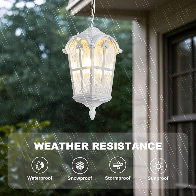 Dusk to Dawn Outdoor Pendant Light for Porch Patio Garden Yard, Anti-Rust Aluminium Exterior Hanging Light Fixtures, Outside White Hanging Ceiling Light, Height Adjustable Outdoor Pendant Lamp