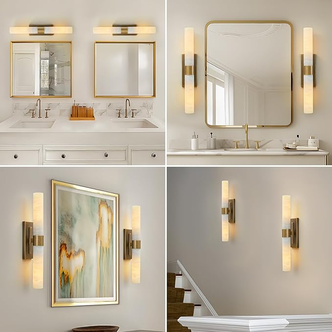 23" Antique Brass Wall Sconce with Bronze-Colored Marble - Rust-Resistant Vintage Mirror Lighting for Bathroom & Vanity (Wall Mount)