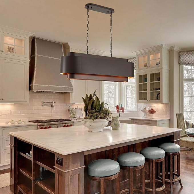 40" Modern Farmhouse Linear Chandelier, Dining Room Light Fixture Over Table Kitchen Island Lighting Metal Rustic Industrial Pendant Light Oil-Bronze
