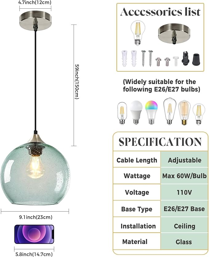 9.1in Large Light Green Glass Pendant Light for Kitchen Island, 3-Pack with Extra LED Bulbs & 4.92ft Adjustable Cord | Modern Minimalist Lighting for Dining Room, Living Room, Entryway