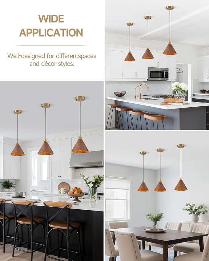 1 Pack Wood Pendant Lights Kitchen Island, 8.3” Modern Pendant Light, Adjustable Height Brushed Gold Hanging Light Fixtures, Island Lights for Dining Room, Bedroom, Hallway, Bar(Walnut)
