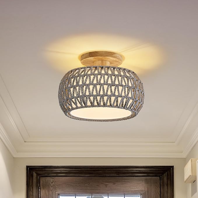 Boho Rattan Ceiling Light Fixture - 3 Style Options Wicker Semi Flush Mount Ceiling Lights,Grey Coastal Light Fixtures,Bohemian Woven Basket Chandelier for Hallway Bedroom Nursery Kitchen Laundry