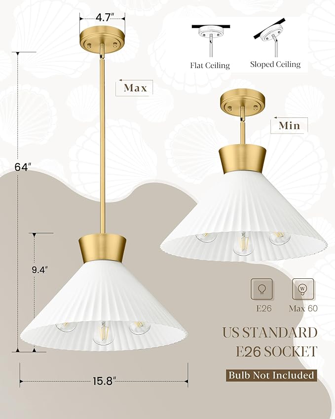 Modern Pendant Light White and Gold, HWH Large Kitchen Island Light Fixtures 16 Inch, 3-Light Hanging Lighting for Dinning Room Schoolhouse, Frosted Striped Glass Shade, 5HZG98MIL-M BG