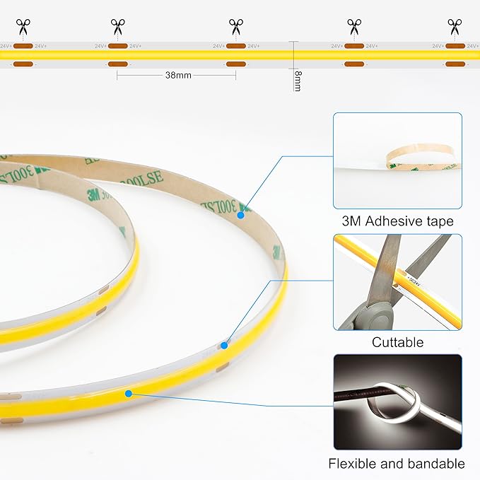 AXMOTUT 65.6ft White COB LED Strip Light, High Bright LED Strips with 320LEDs, RF Remote and UL Power Supply, 6000K Dimmable LED Lights for Bedroom, Kitchen, DIY Home Decoration, 2 Rolls of 32.8ft