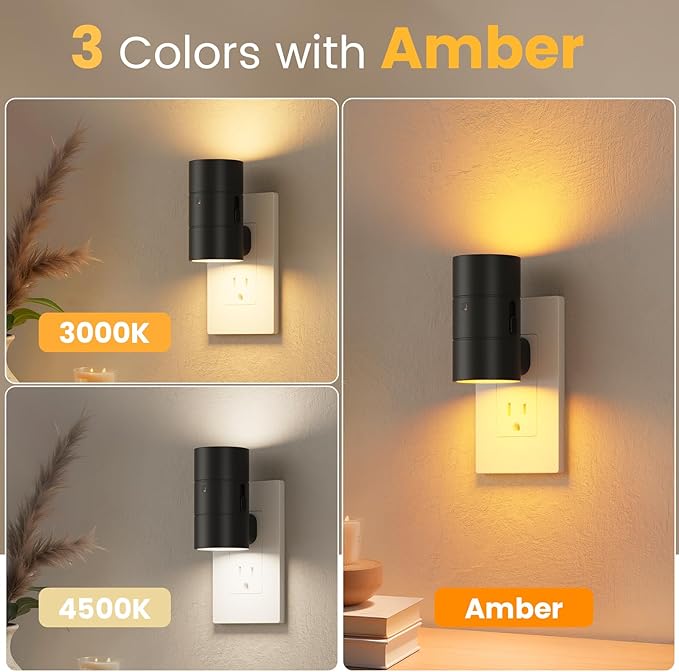 VOLISUN Night Light, Dimmable Led Night Lights Plug into Wall, Amber/3000K/4500K, 0-100LM Adjustable Brightness, Dusk to Dawn Nightlight for Hallway, Bathroom, Bedroom Black 2 Pack