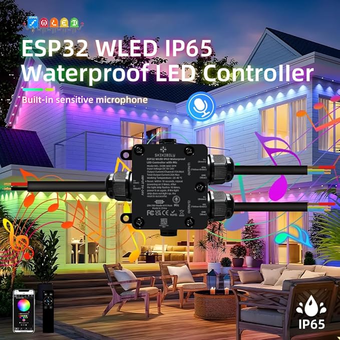 ESP32 WLED LED Controller with Mic for Music Sync, APP/Web Control, IP65 Waterproof, 5V/12V/24V WS2812B SK6812 WS2811 RGBIC Addressable LED Strip Lights, 20A Output Fuse Protection