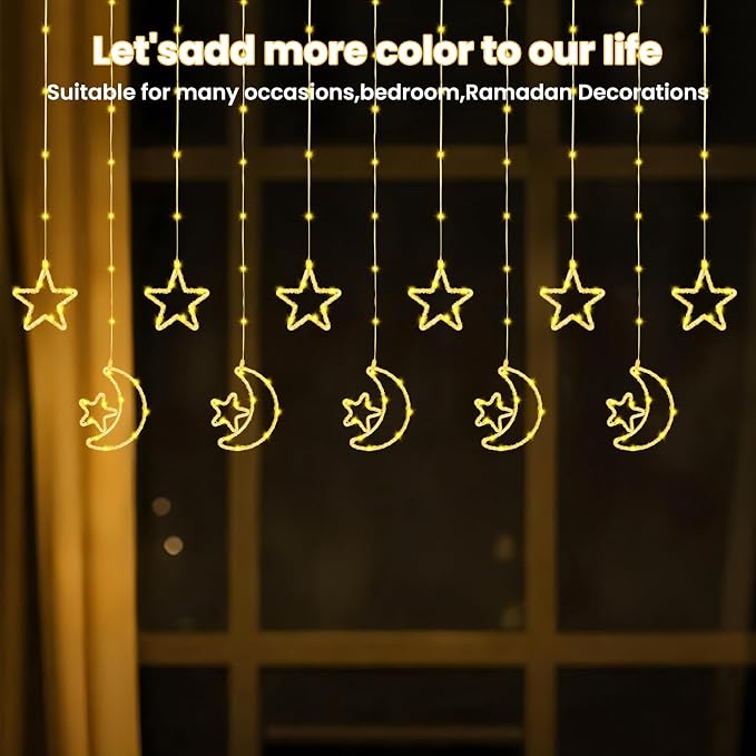 130 LED Star Moon Curtain Decorative Lights, Ramadan Window Curtain Fairy String Lights, Remote Control & USB Plug, 8 Lighting Modes, for Indoor, Home Holiday, Party, Ramadan Decorations