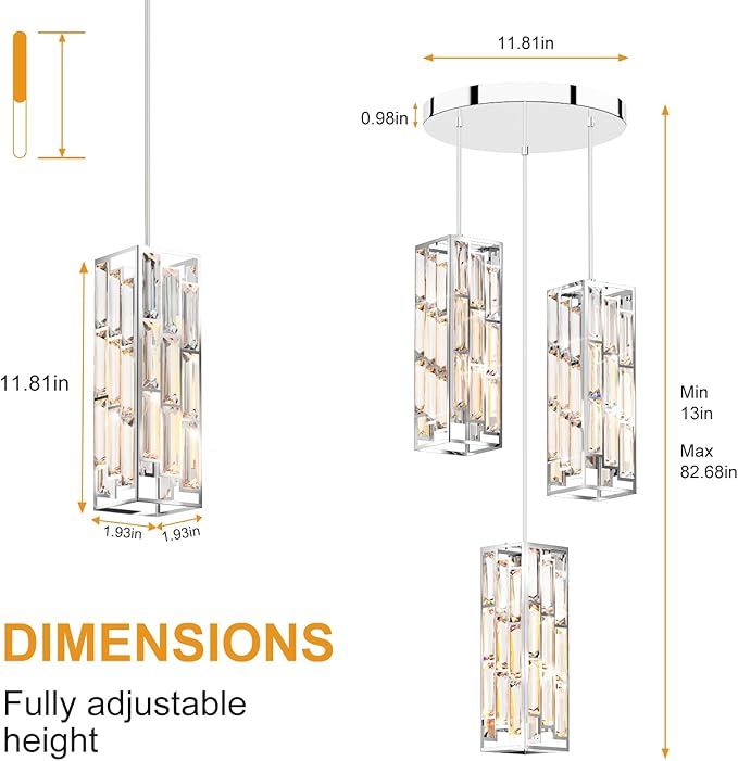 3-Light Chrome Pendant Lights Modern Pendant Light Fixture, Mini Crystal Pendant Ceiling Light, Pendant Light for Kitchen Island, Dinning Room, Bedroom, Kitchen Sink Lighting (3 Lights)