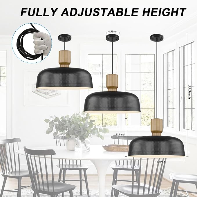 Farmhouse Pendant Lights, Adjustable Hanging Light Fixtures with Hammered Metal Shade, 18.1 Inch Pendant Lighting for Kitchen Island, Black