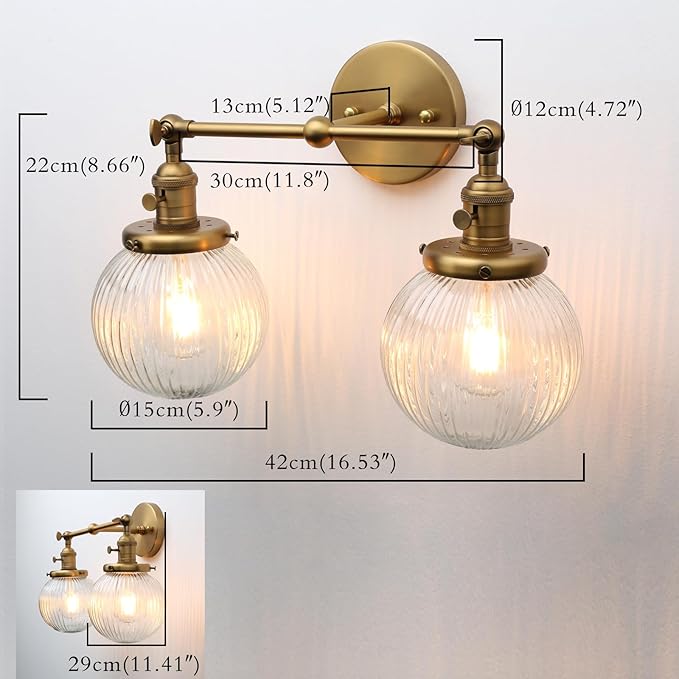 PERMO 2 Lights Sconce with Switch Industrial Gold Wall Sconce Lighting with Ribbed Globe Lampshade Vintage Double Wall Sconce Bathroom Sconce, Hardwired, E26 Base