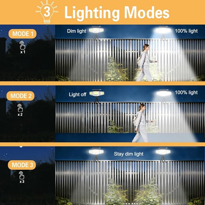 HULPPRE Solar Motion Sensor Light Outdoor,Bright with 231 LEDs,Clip on | 3 Adjustable Heads,Fence Light with Octopus Stand, IP65 Waterproof, 3 Modes, for Front Door, Yard, Patio, Deck, Camping