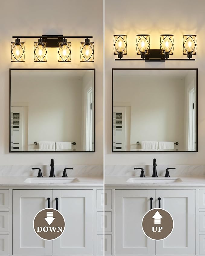 4-Light Black Bathroom Light Fixtures, 29 Inch Modern Bathroom Vanity Lighting Fixtures Over Mirror with Clear Glass and Metal Cage Wall Sconce Lights for Bath, E26, CH9176BK-4W
